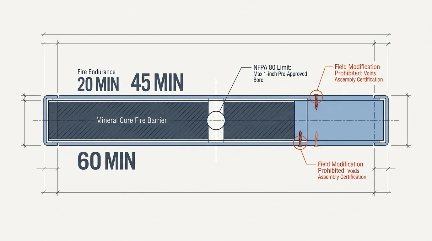 Cross-section diagram of a fire door showing mineral core, peephole bore, screw modifications, and fire endurance ratings.