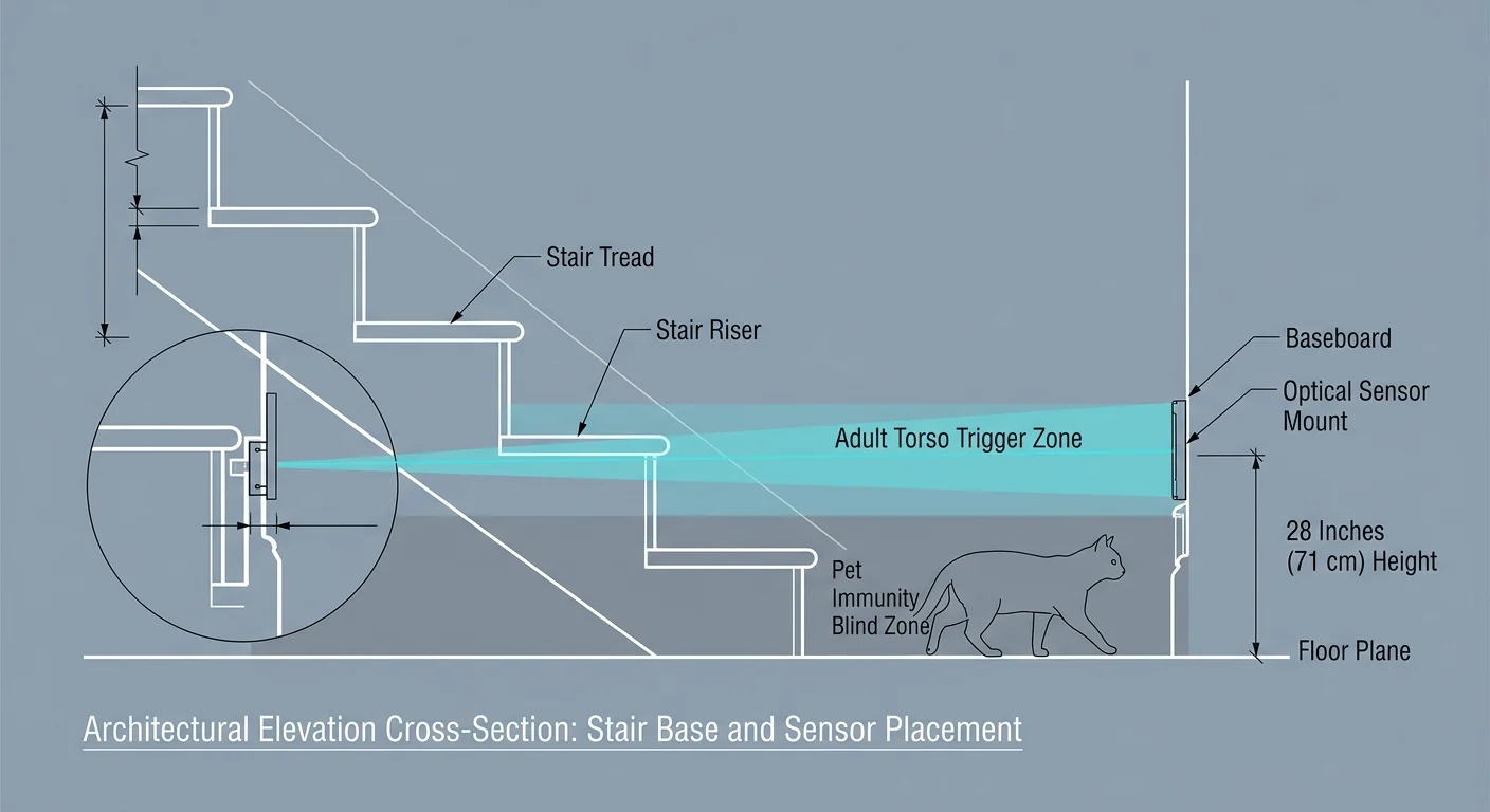 Elevation diagram showing stair cross-section with an optical sensor mounted at 28 inches above a cat on the floor.
