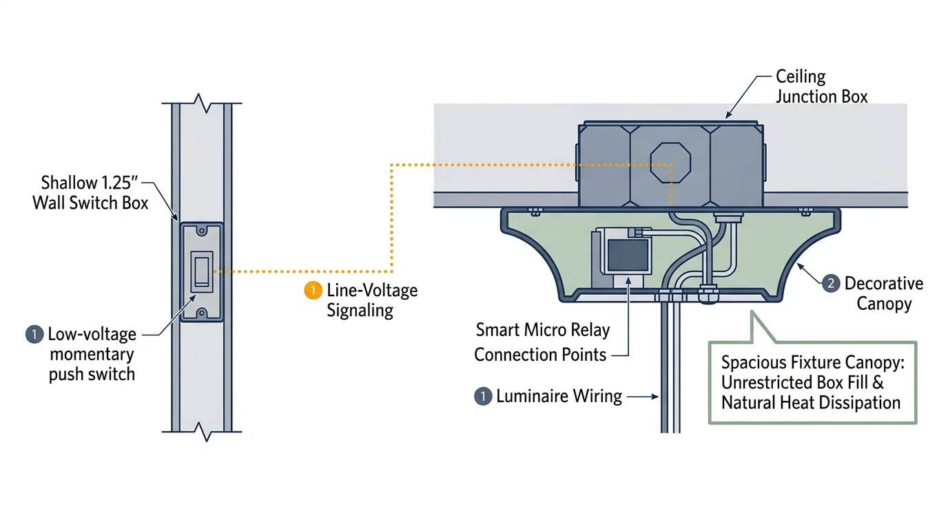 Wiring diagram connecting a shallow wall switch box to a smart micro relay inside a ceiling fixture canopy.