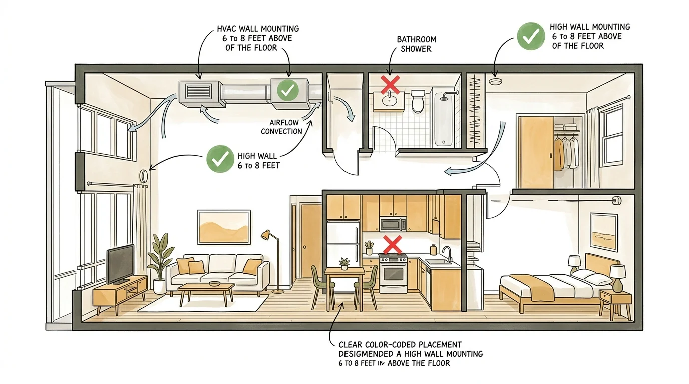 Cross-section architectural illustration of an apartment showing recommended and discouraged sensor placement locations.