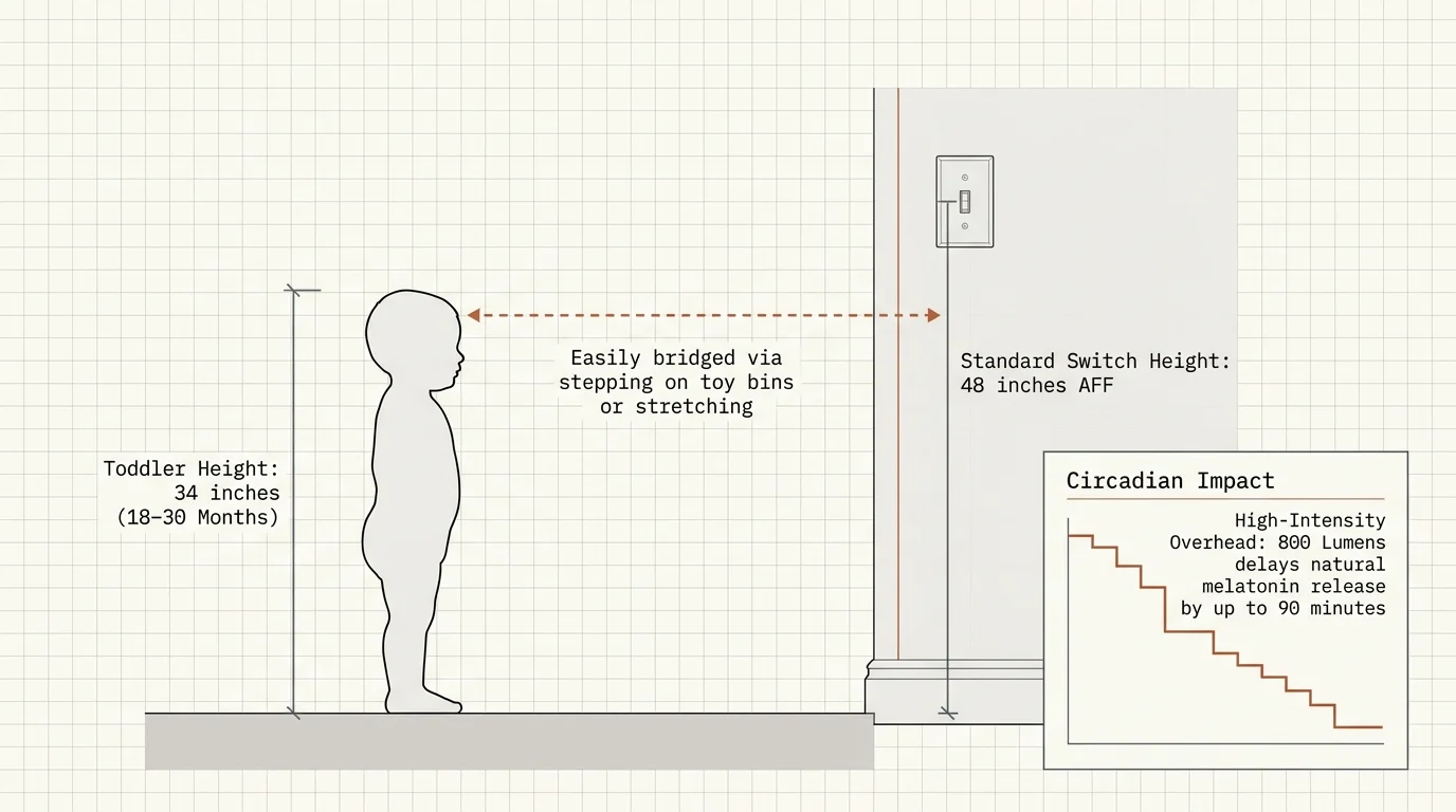Diagram comparing a 34-inch toddler to a 48-inch light switch height, with an inset chart on circadian impact.