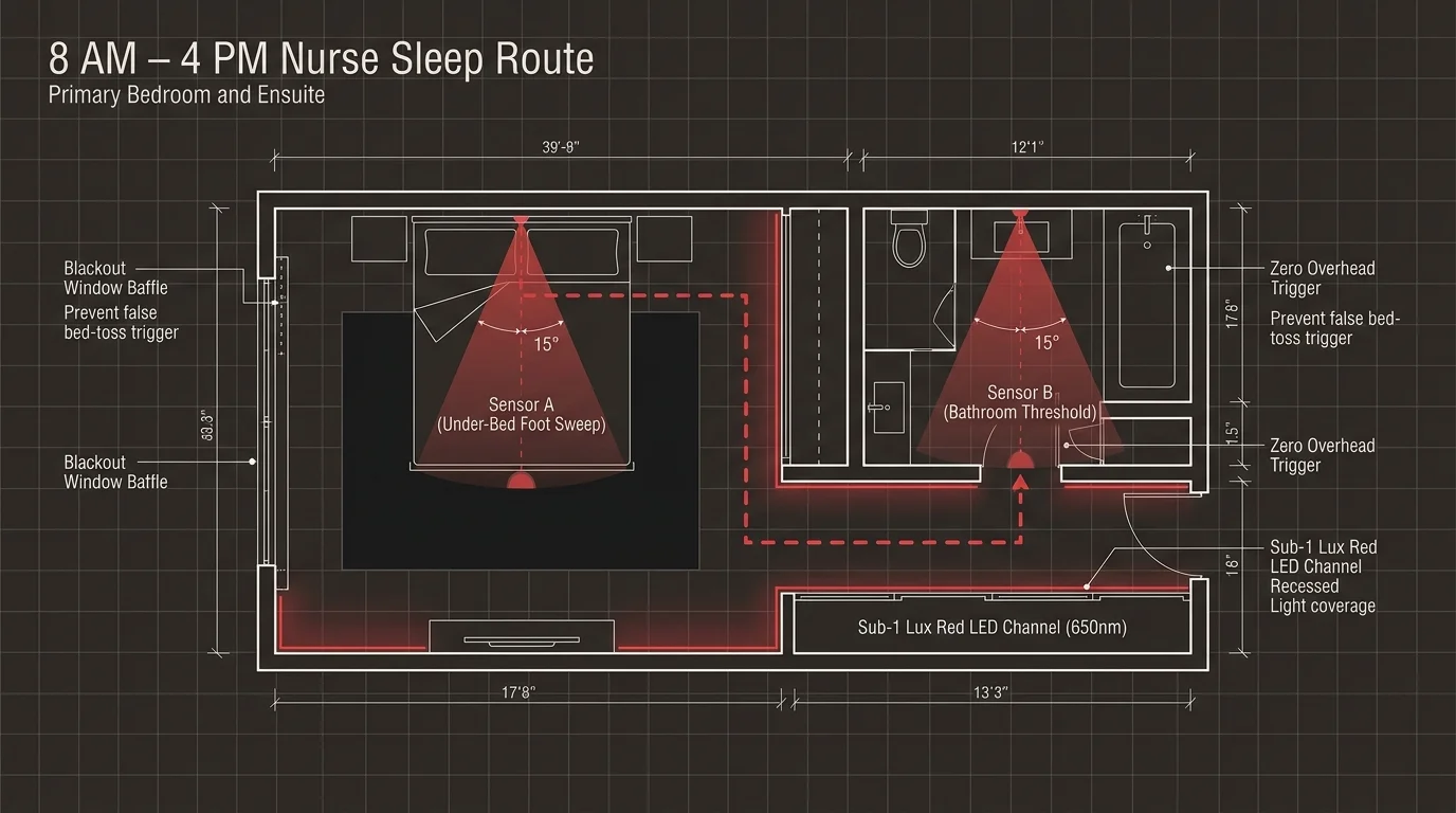 Floor plan diagram showing bedroom and bathroom layout with red sensor detection cones and LED path lighting.