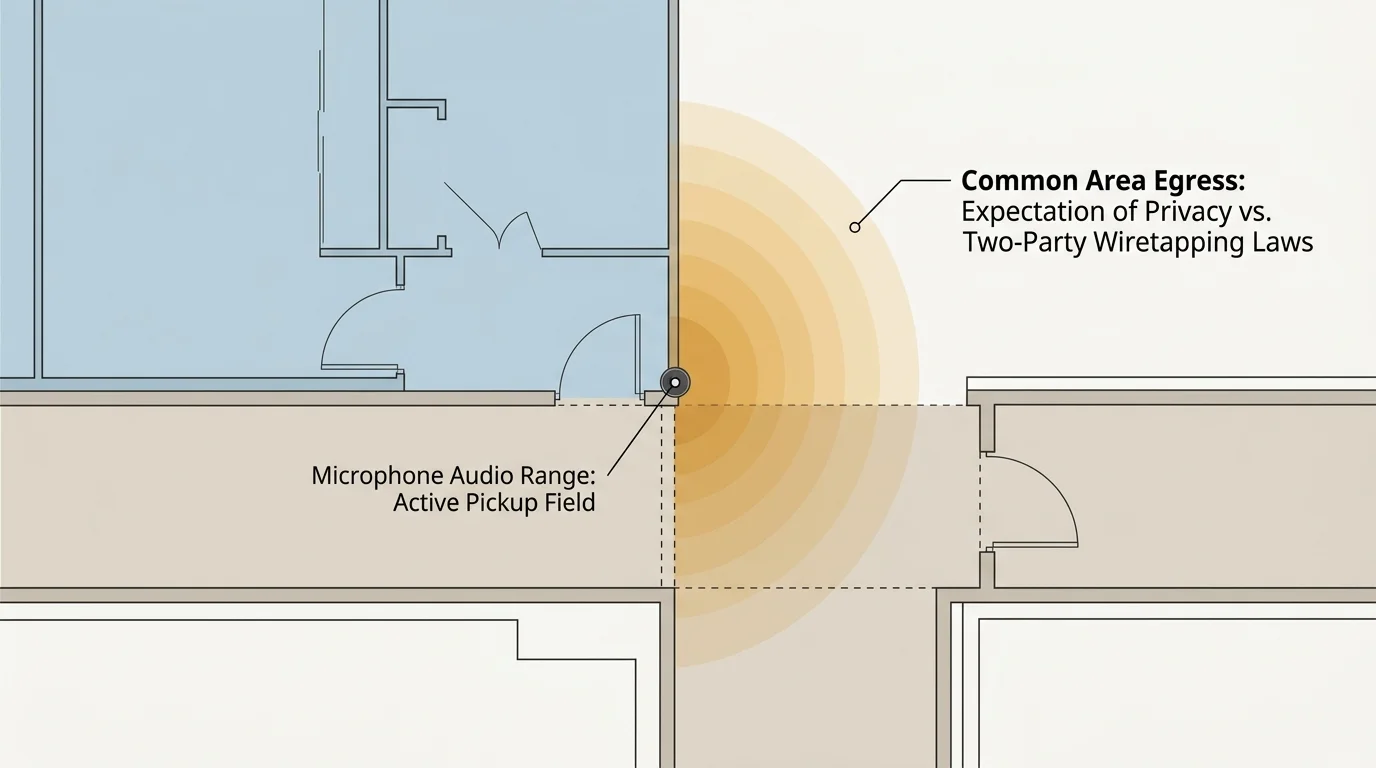 Floor plan diagram showing microphone audio range radiating into an apartment common area hallway.