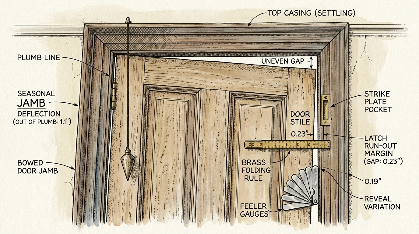 Diagram of an out-of-plumb wooden door frame measured with a plumb bob, folding rule, and automotive feeler gauges.