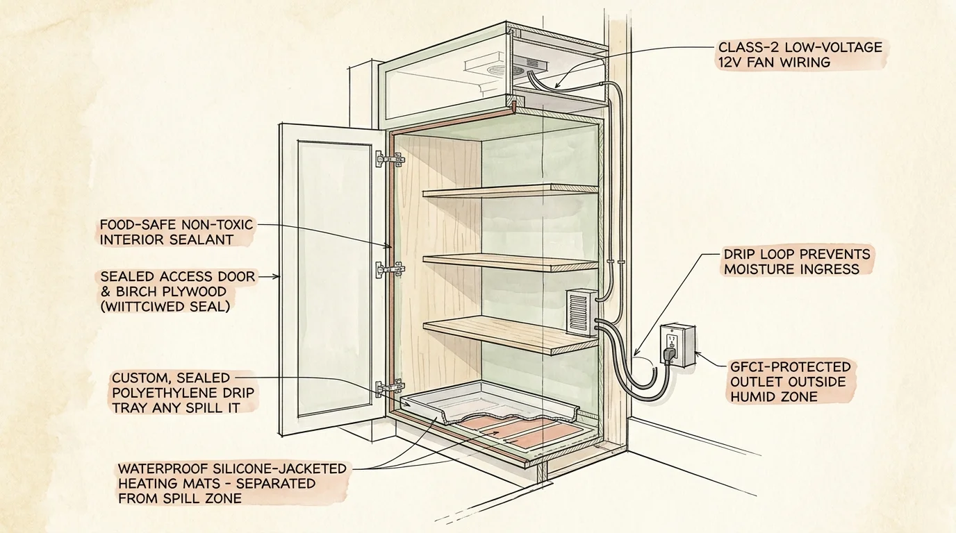 Diagram of a proofing cabinet showing internal shelves, heating mats, wiring with drip loops, and an external GFCI outlet.