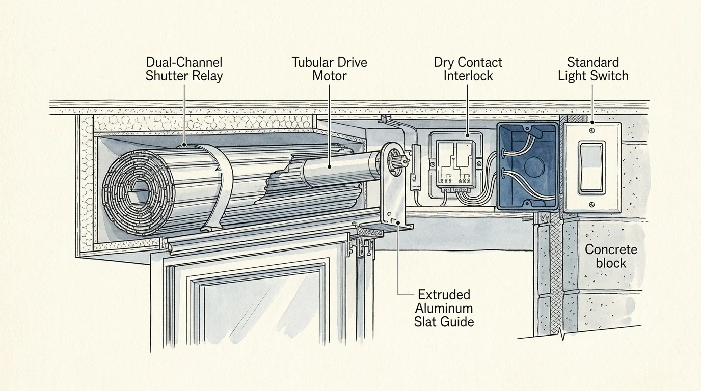 Diagram of a motorized roll-down shutter assembly showing tubular drive motor, shutter relay, interlock, and wall switch.