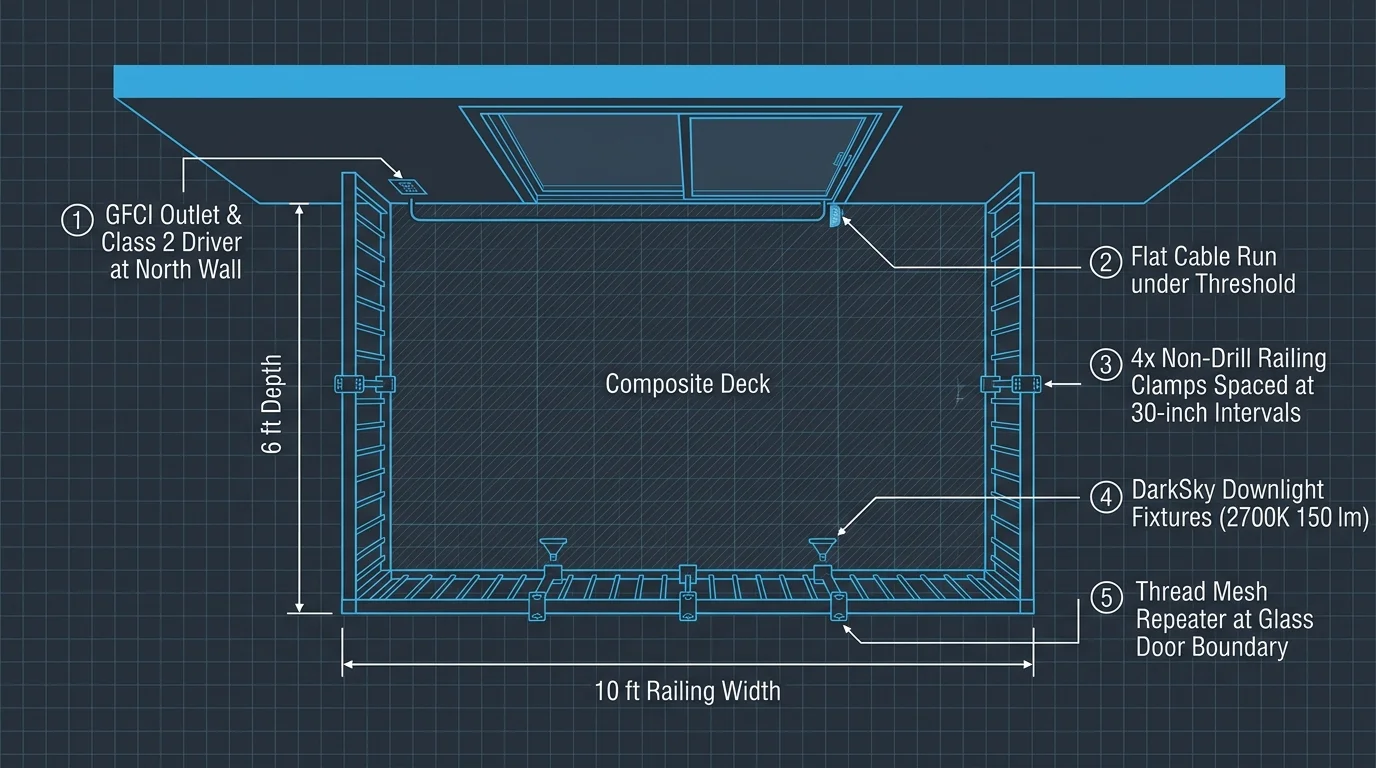 Blueprint diagram of a ten-foot by six-foot balcony detailing non-drill clamps, cable runs, and downlight fixtures.