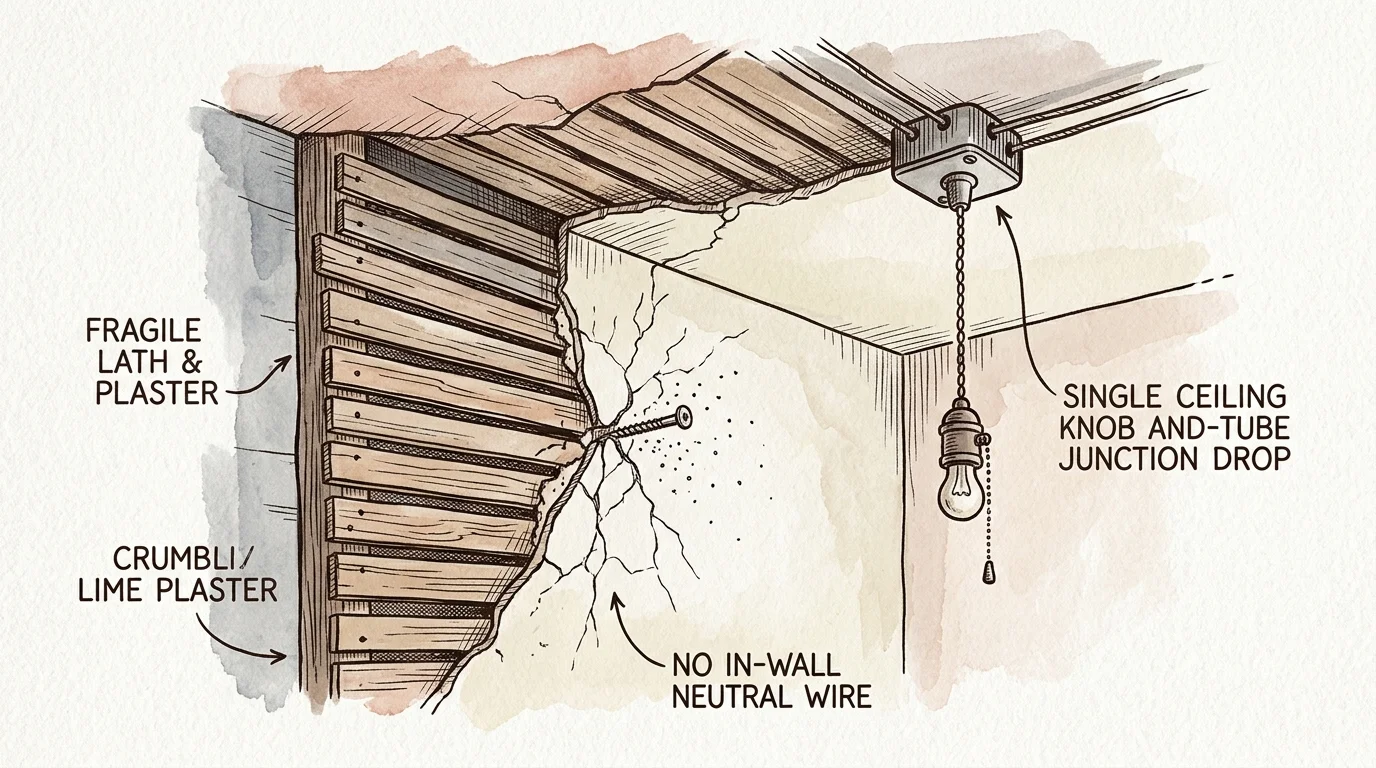 Cutaway diagram of a room showing cracked plaster, wood lath, and a ceiling-mounted pull-chain light fixture with labels.