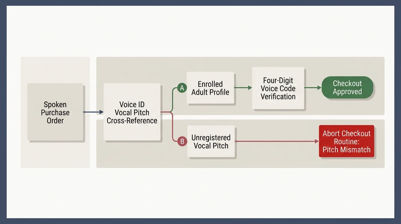 Flowchart showing voice purchase orders split between approved enrolled profiles and aborted unregistered vocal pitch routines.