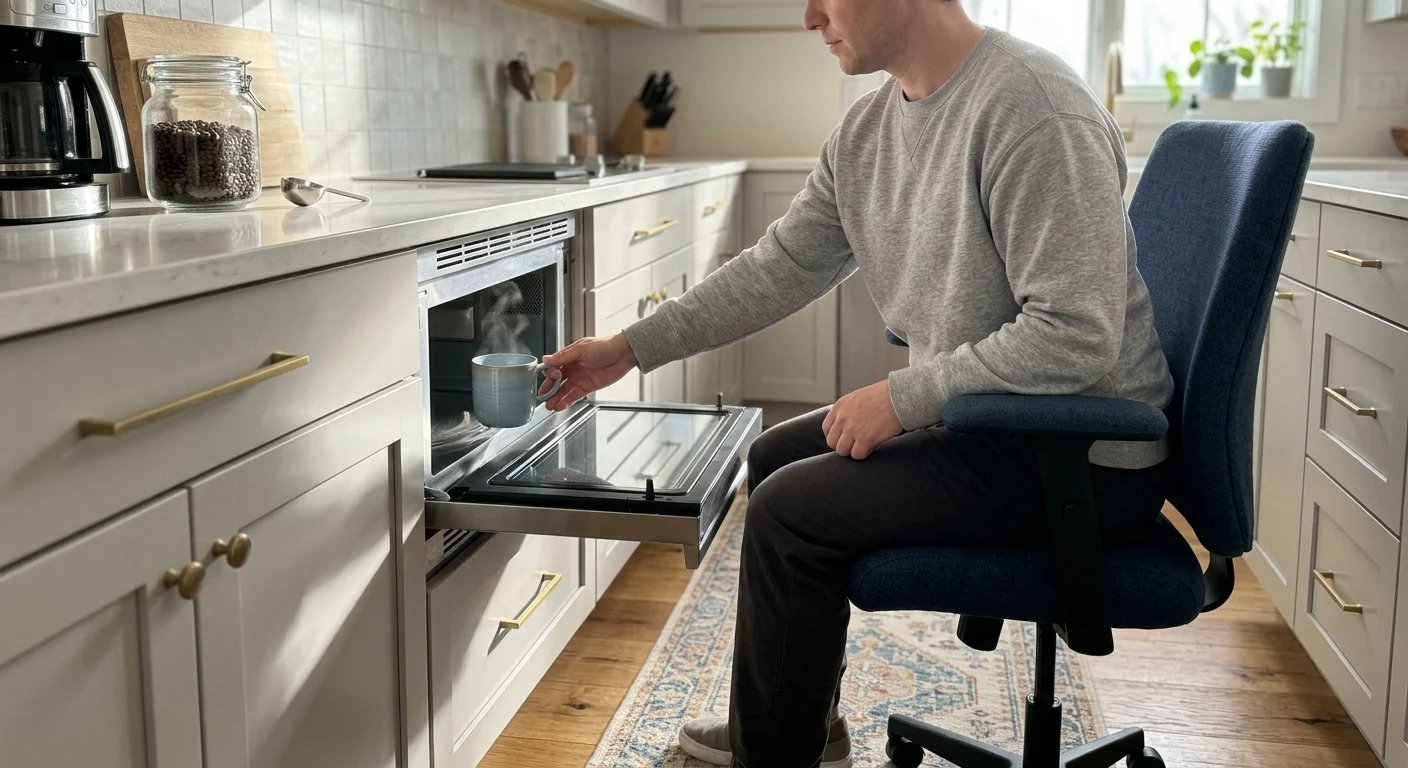 A man seated in an office chair reaches to remove a steaming mug from a low-mounted, open microwave in a kitchen.