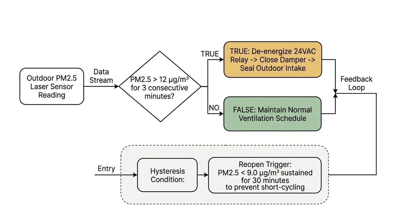 Logic flowchart showing outdoor PM2.5 sensor triggers, relay damper closure steps, and a hysteresis reopen condition loop.