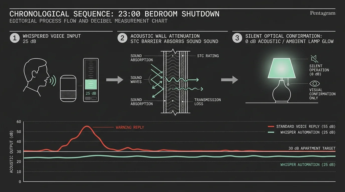 Diagram showing a three-step evening sequence above a line chart comparing standard voice replies with whisper automation.