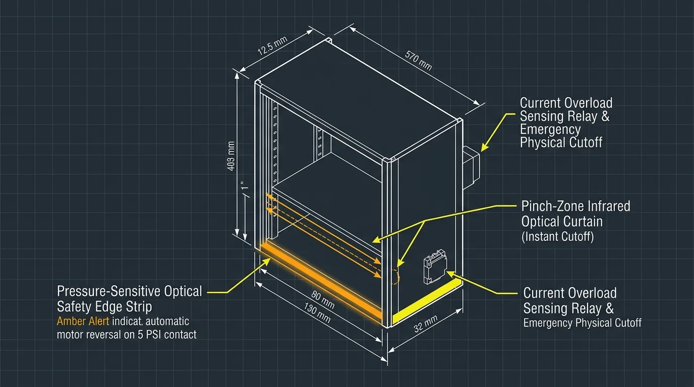 Technical diagram of an automated cabinet lift showing dimensions and safety cutoff zones with sensor callouts on a grid.