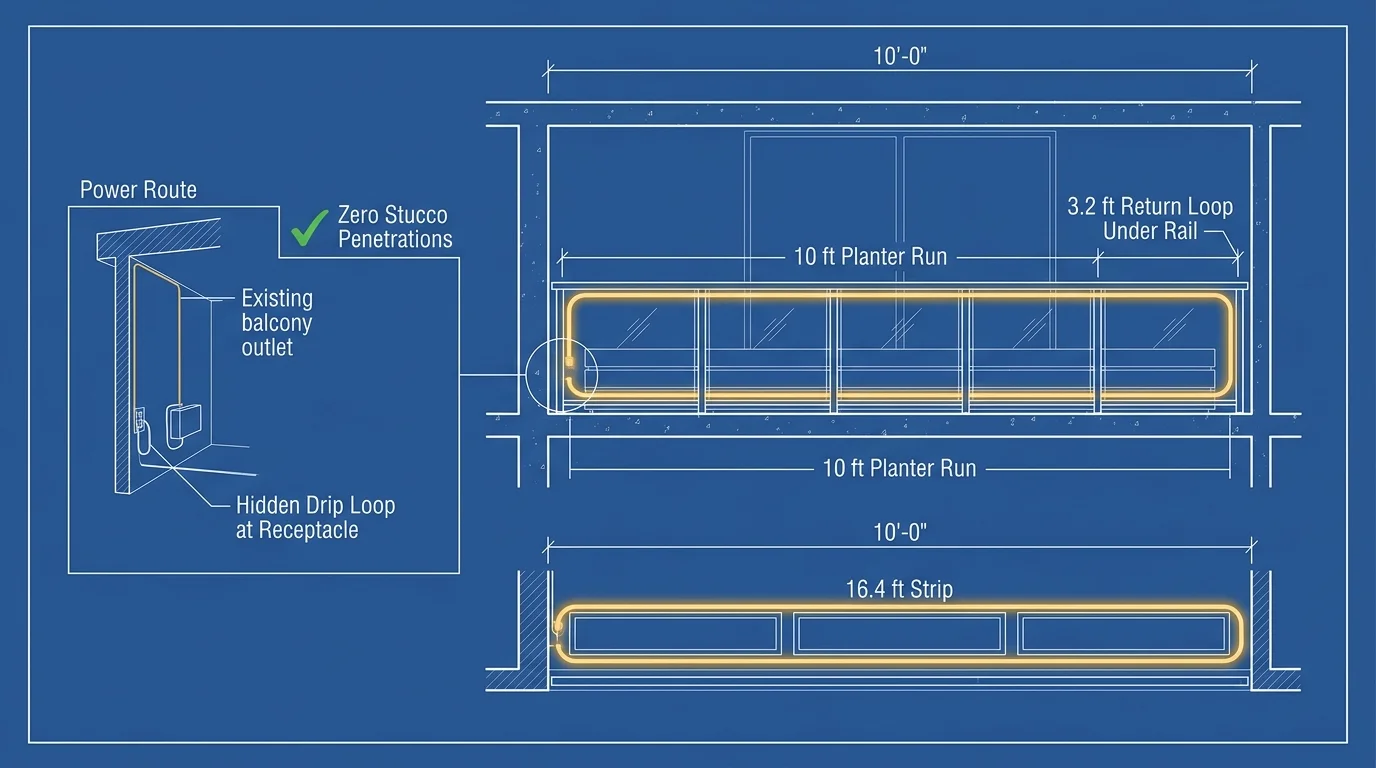 Architectural blueprint diagram showing power routing from an outlet and a 16.4-foot light strip installed on a balcony rail.