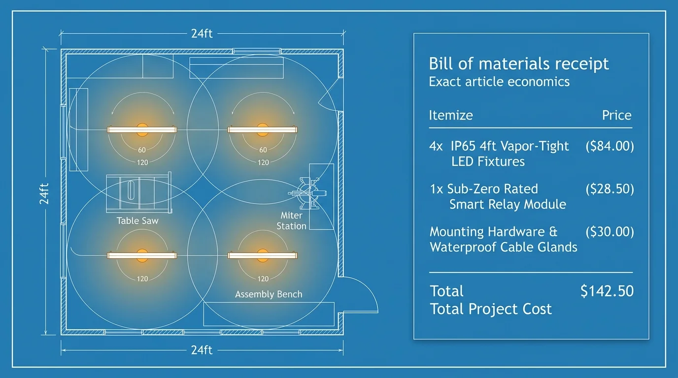 Blueprint of a 24-by-24-foot workshop layout with four illuminated fixtures beside an itemized bill of materials.