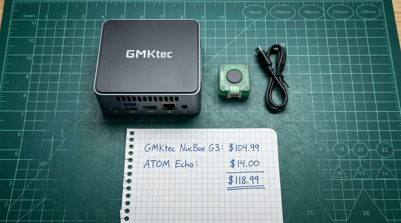 GMKtec mini PC, small green device, USB cable, and handwritten budget note on a green cutting mat.