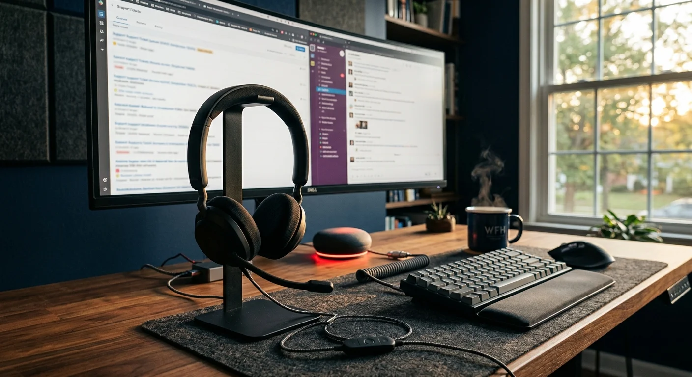 A black headset on a stand, smart speaker, keyboard, and ultrawide monitor arranged on a wooden desk by a window.