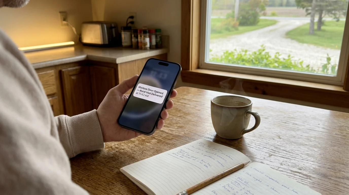 Person holding a smartphone displaying a delivery alert notification beside a steaming mug and open notebook.