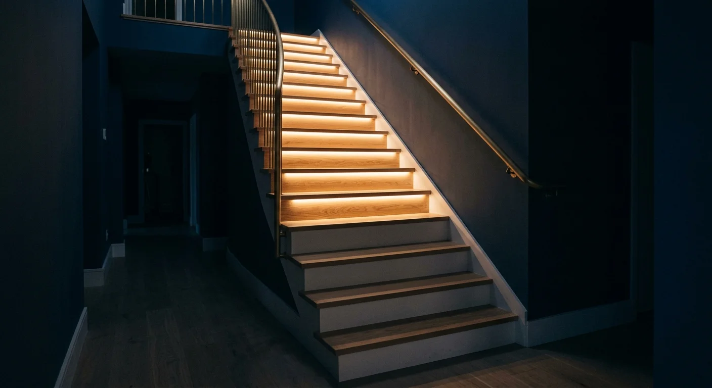 Modern indoor staircase with warm LED strip lighting glowing beneath the upper wooden treads against dark navy walls.