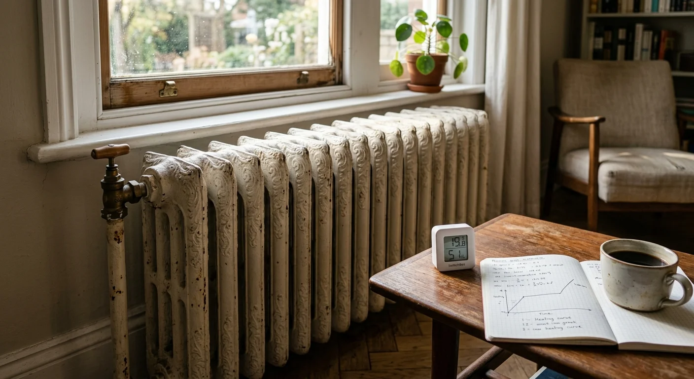 Ornate white cast-iron radiator beneath a window next to a table with a digital thermometer, notebook, and coffee mug.