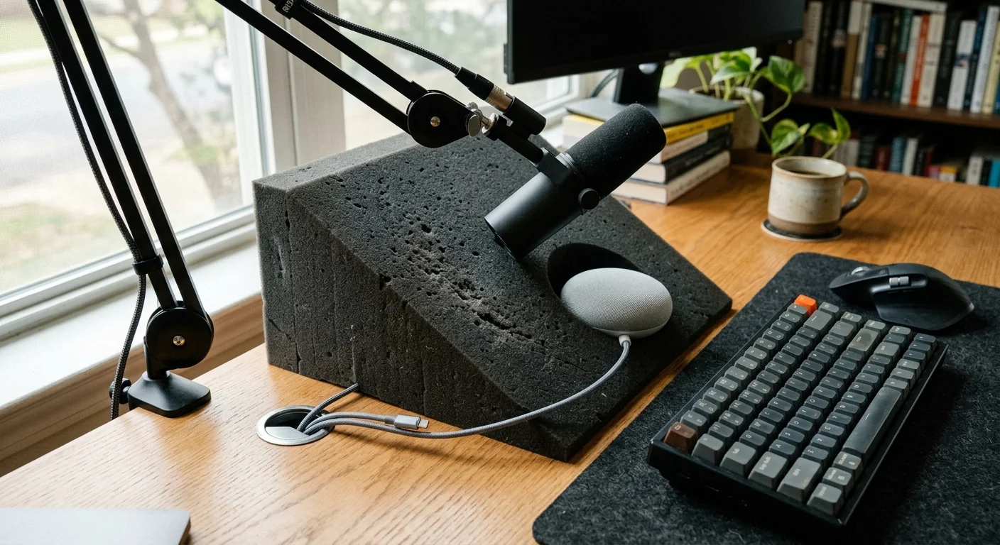 Boom microphone positioned over a wedge-shaped acoustic foam block holding a small smart speaker on a wooden desk.