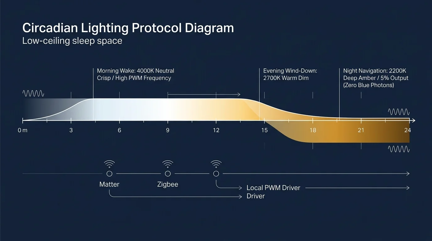 Diagram of a 24-hour circadian lighting curve transitioning from cool white to warm amber, linked to Matter and Zigbee.