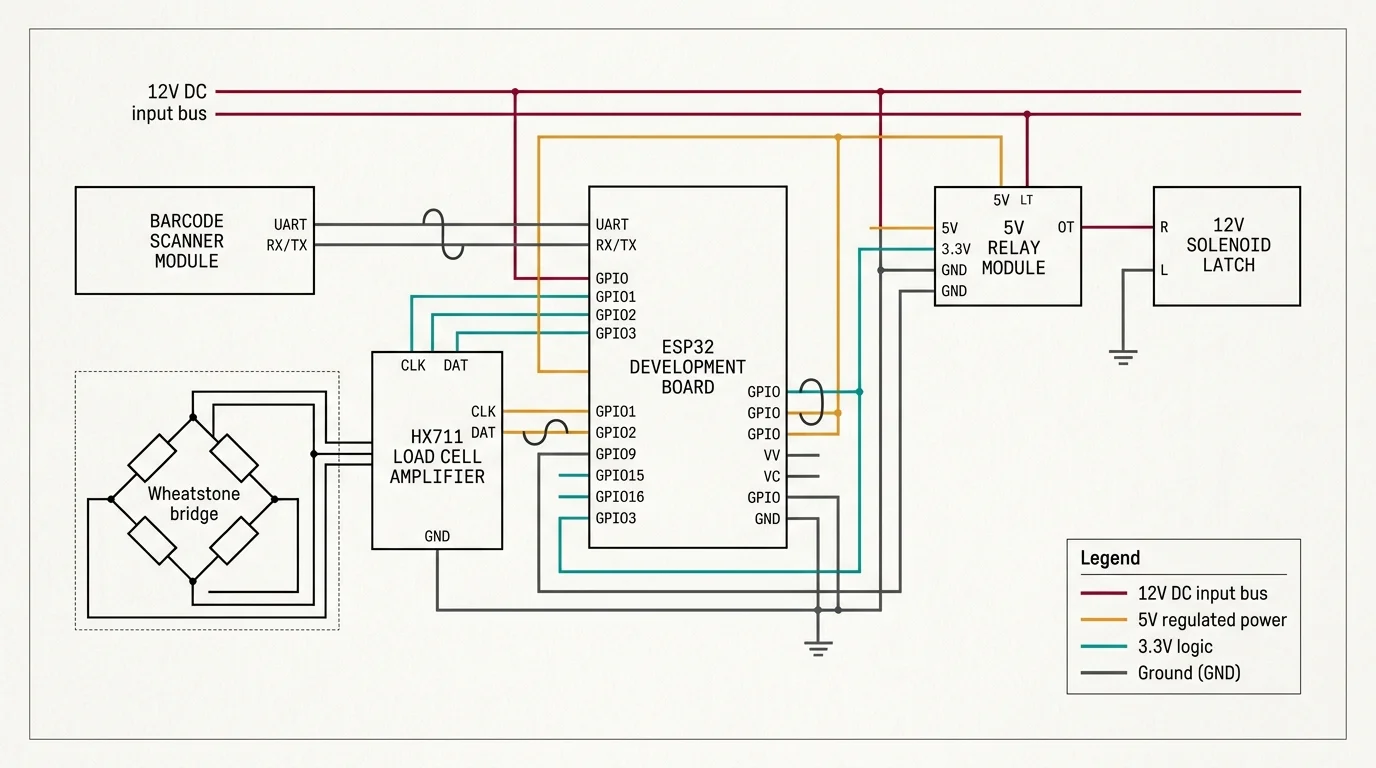 Wiring diagram connecting an ESP32 board to a barcode scanner, HX711 amplifier, Wheatstone bridge, relay, and solenoid latch.