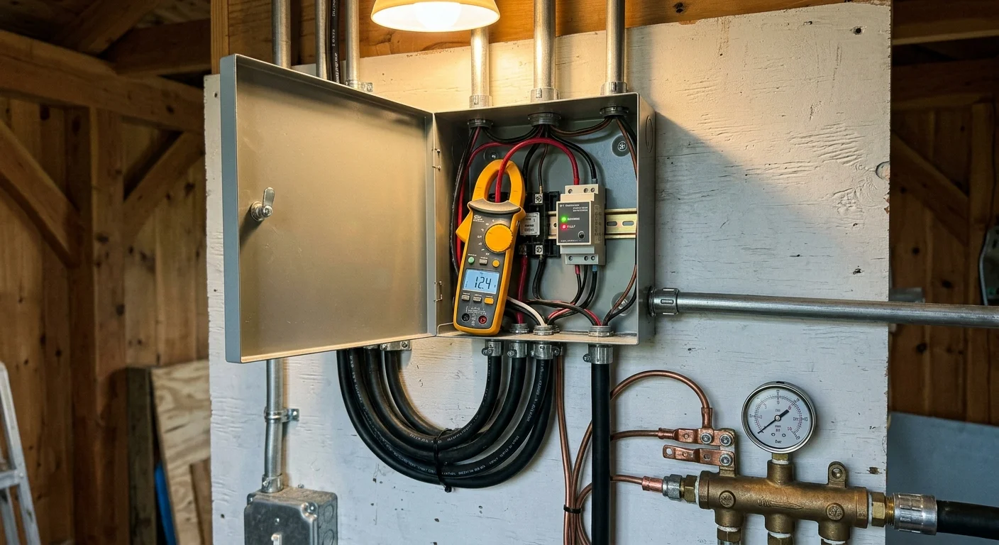 Open electrical junction box with a digital clamp meter measuring wiring, mounted beside conduit and a pressure gauge manifold.