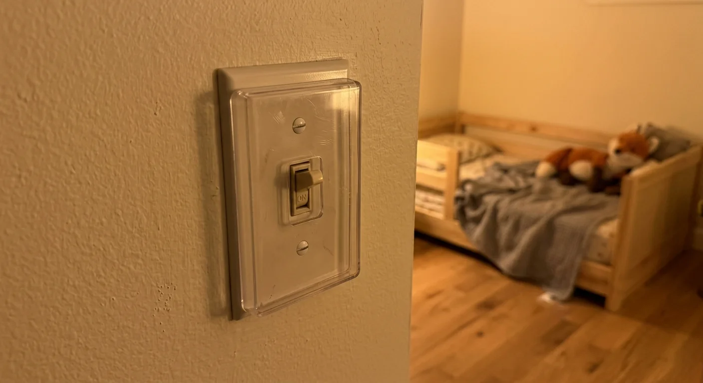 A clear plastic switch guard installed over a wall light switch, with a toddler bed visible in the background room.