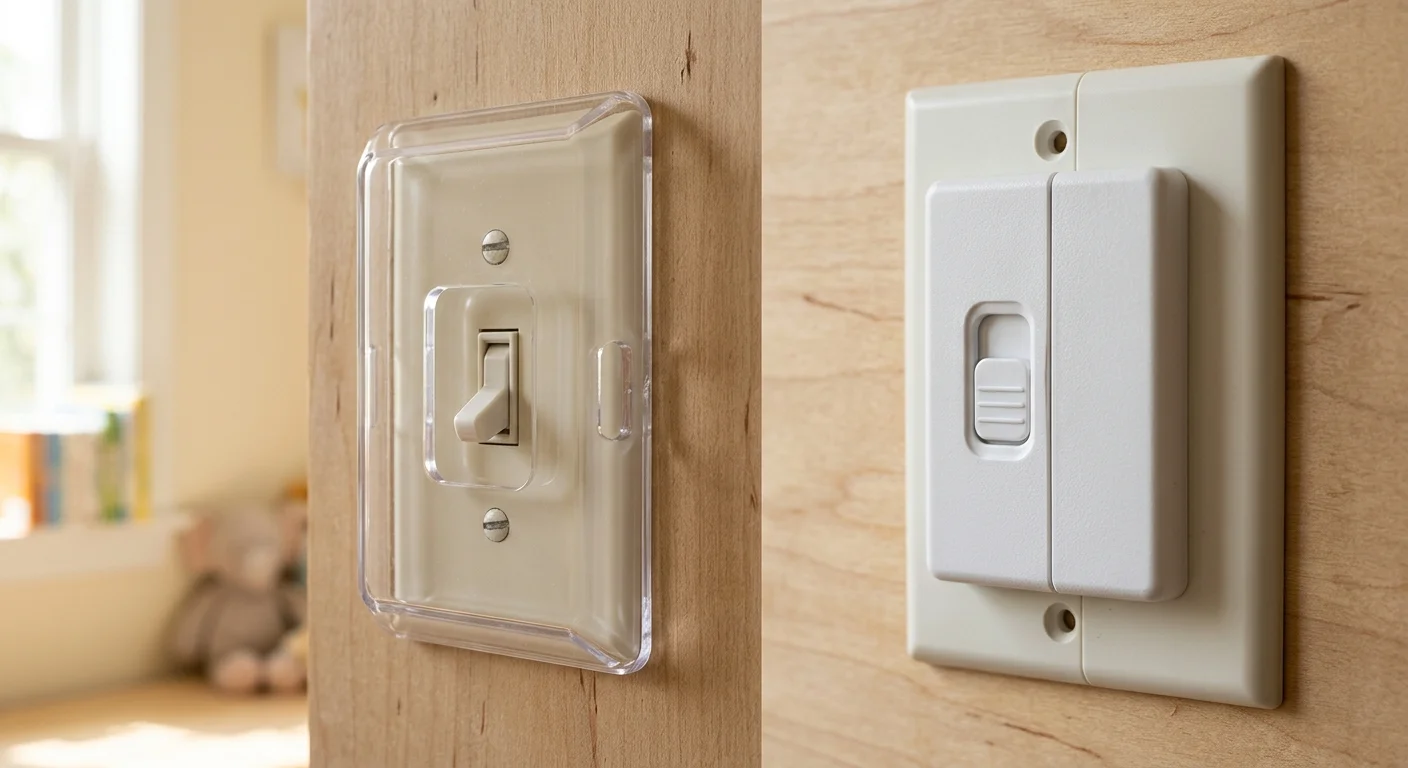 Clear plastic toggle guard beside a white plastic sliding switch lock mounted on wood panels.