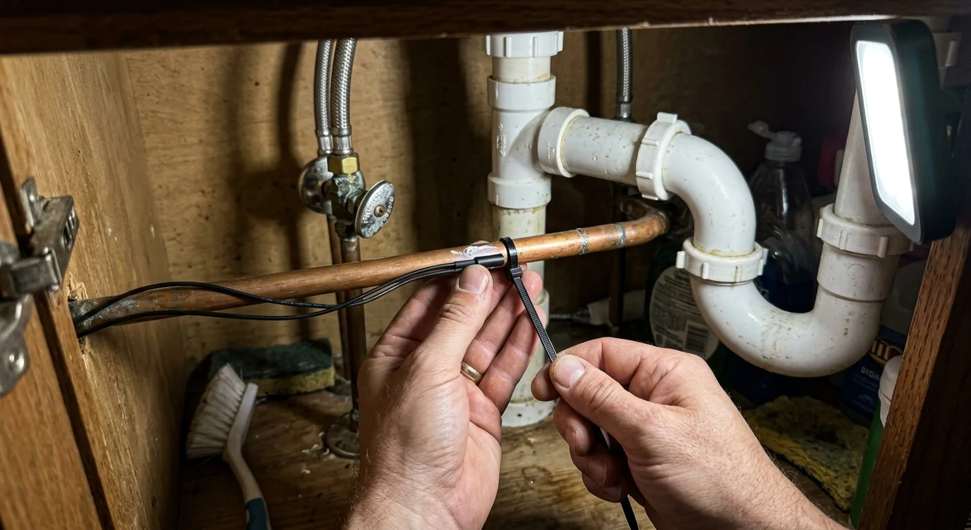 Hands attaching a wired sensor probe to a copper water pipe under a sink using a black zip tie.