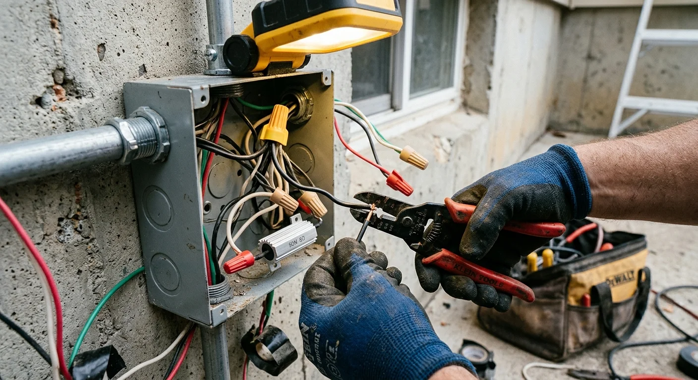 Electrician in work gloves stripping wires connected to an open metal electrical junction box with a resistor.
