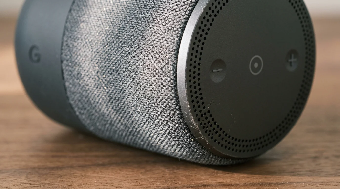 Close-up of a dark fabric-covered smart speaker lying on its side on a wooden surface showing top control buttons.