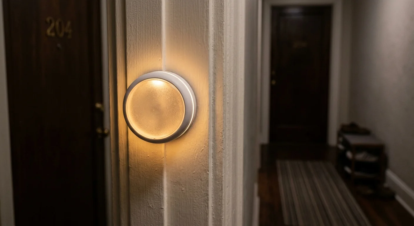A round, warm-glowing smart light fixture mounted on a white hallway wall next to a dark apartment door.