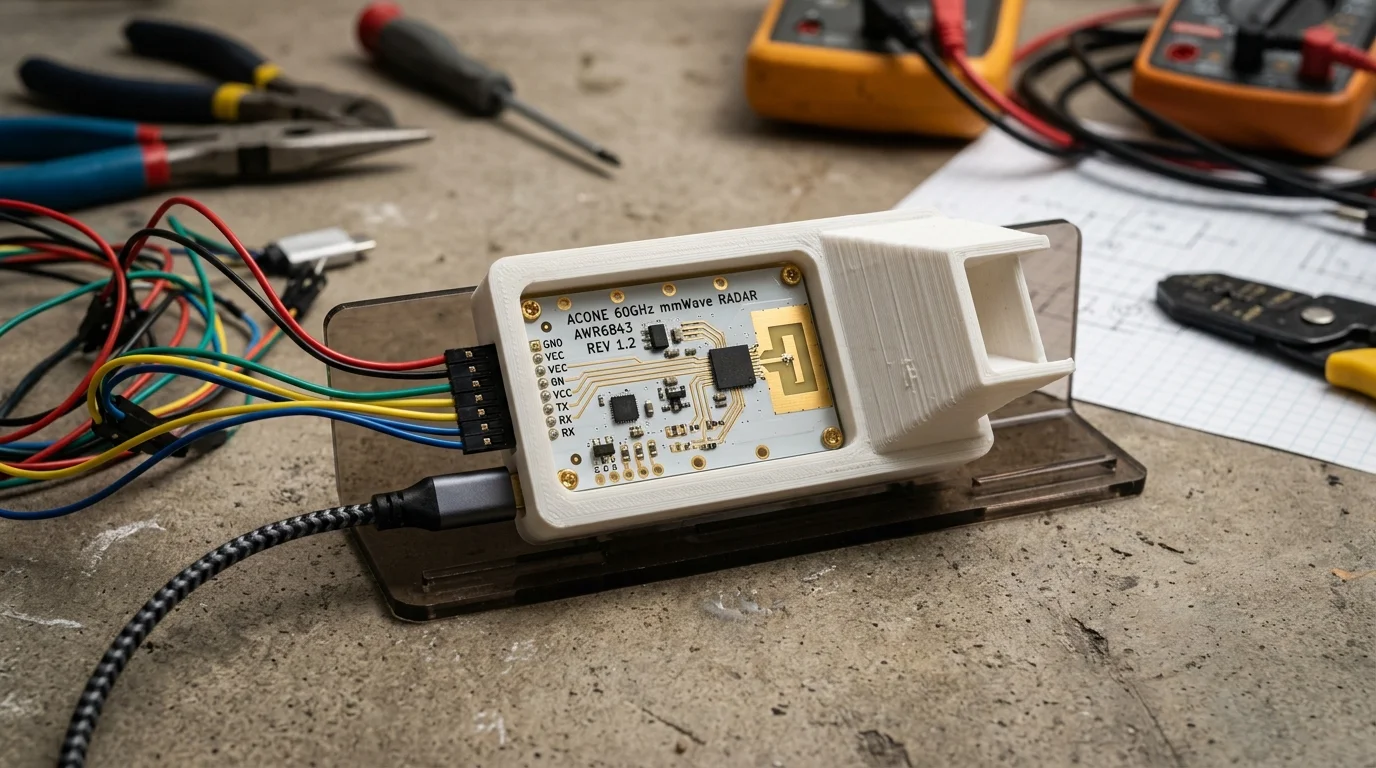 A 60GHz mmWave radar board mounted in a white 3D-printed housing with wiring, placed on a workbench with tools.