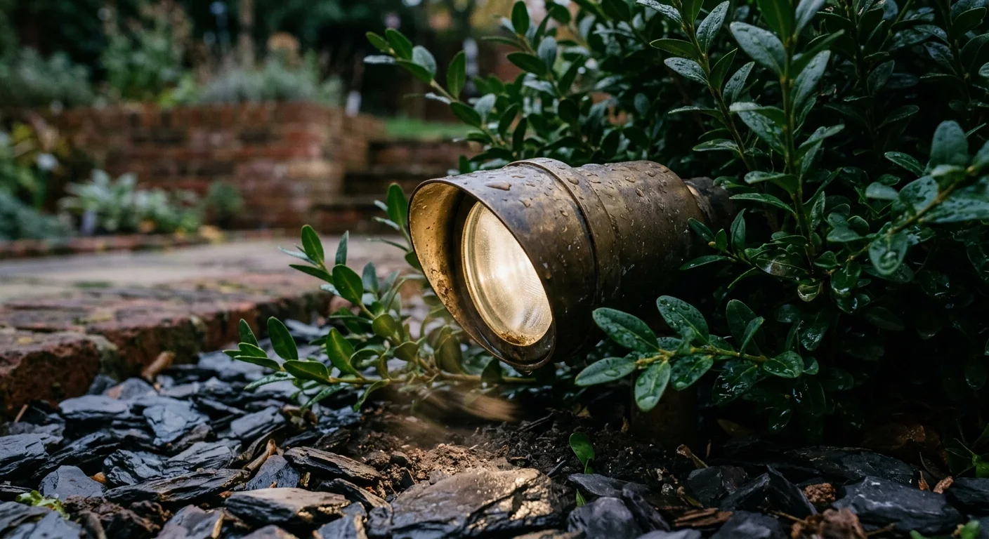 Brass outdoor landscape spotlight illuminated amidst wet green shrubs and dark slate mulch in a garden.