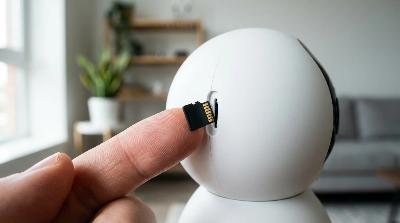 Close-up macro photo of a micro SD card being inserted into a security camera.