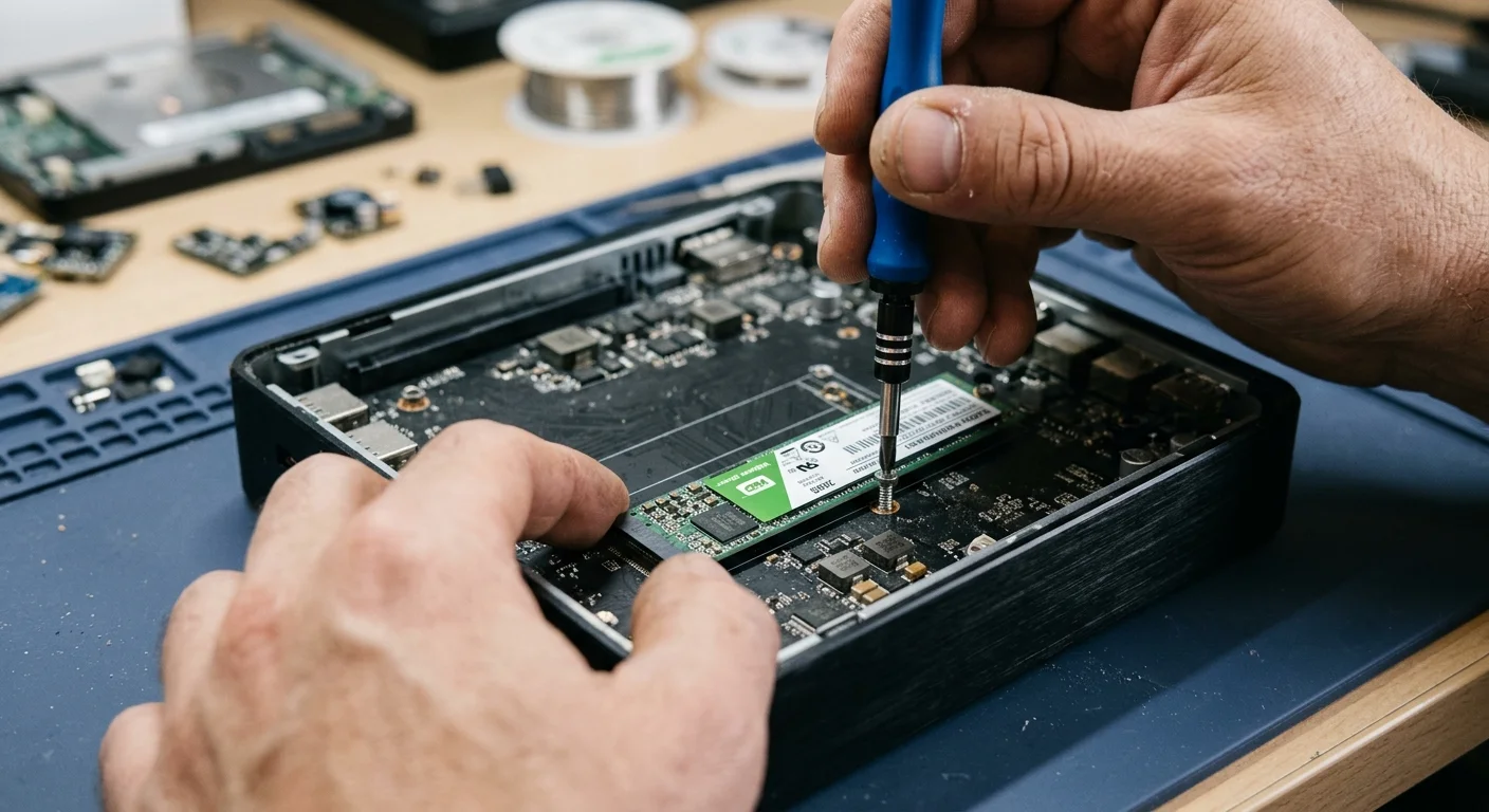 Hands using a small screwdriver to install an M.2 solid-state drive into an opened compact computer motherboard.