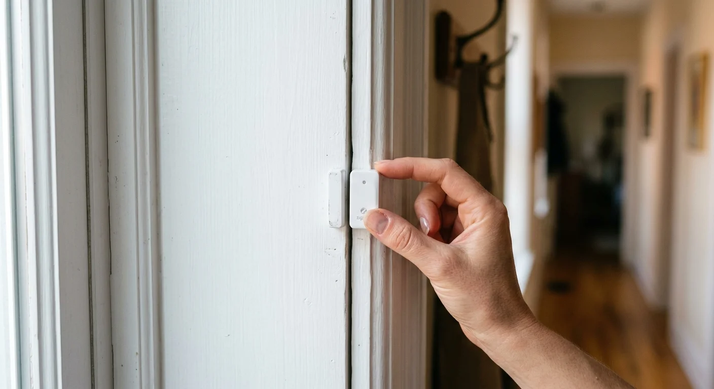 A hand places a small white contact sensor onto white painted wooden door molding.