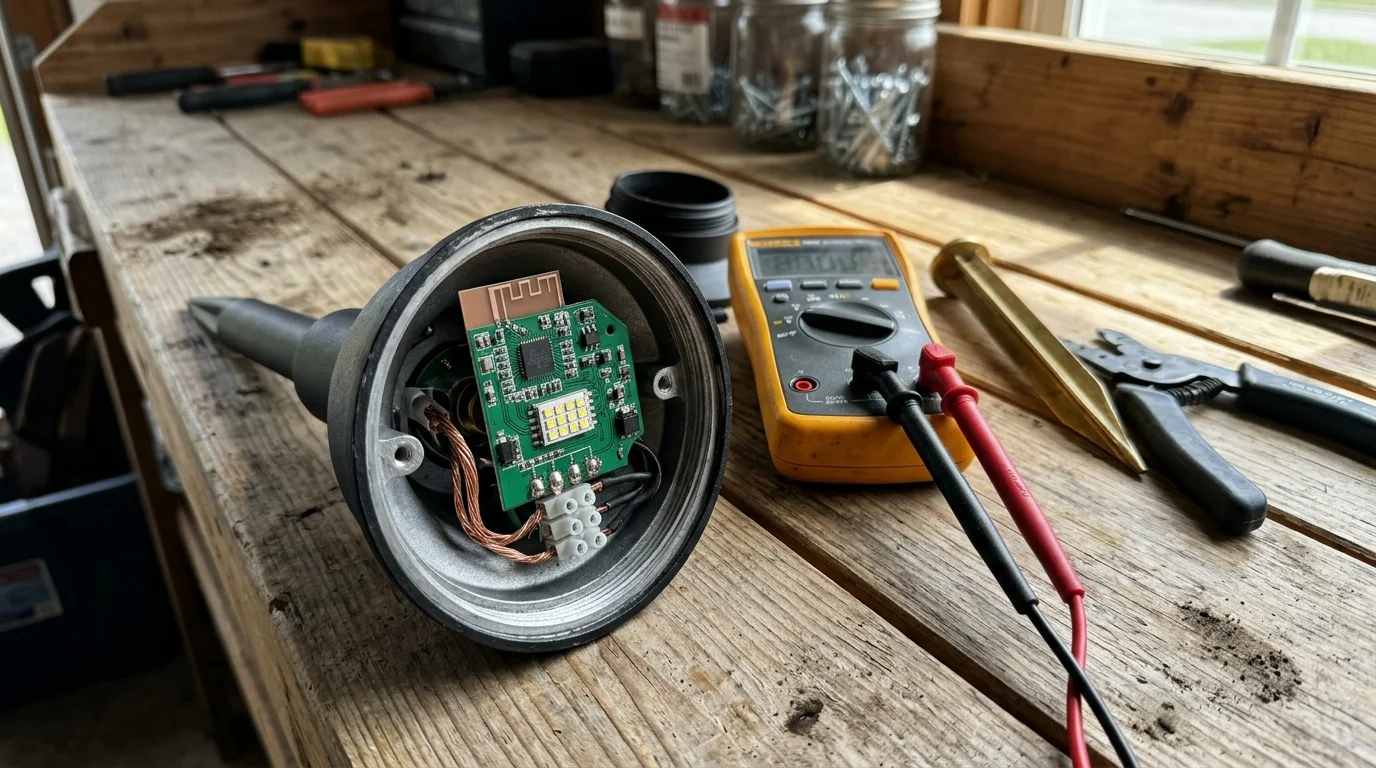Disassembled landscape path light exposing an internal circuit board with an LED array next to a digital multimeter on a bench.
