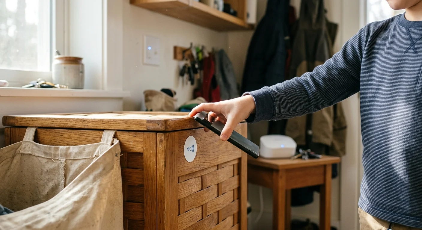 A child taps a smartphone against an NFC sticker attached to a wooden laundry hamper in a home entryway.