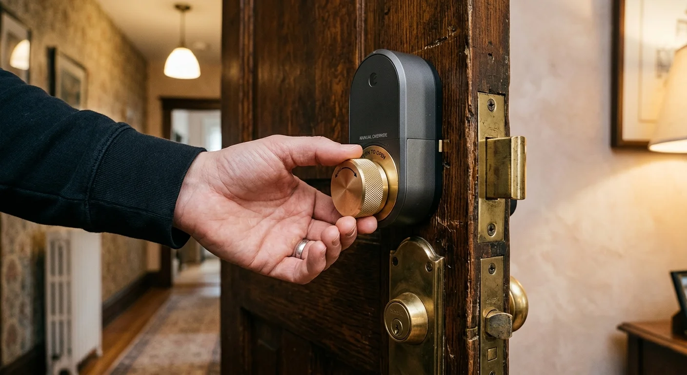 A hand turning the brass knob of a smart lock retrofit device mounted onto a wooden apartment door.