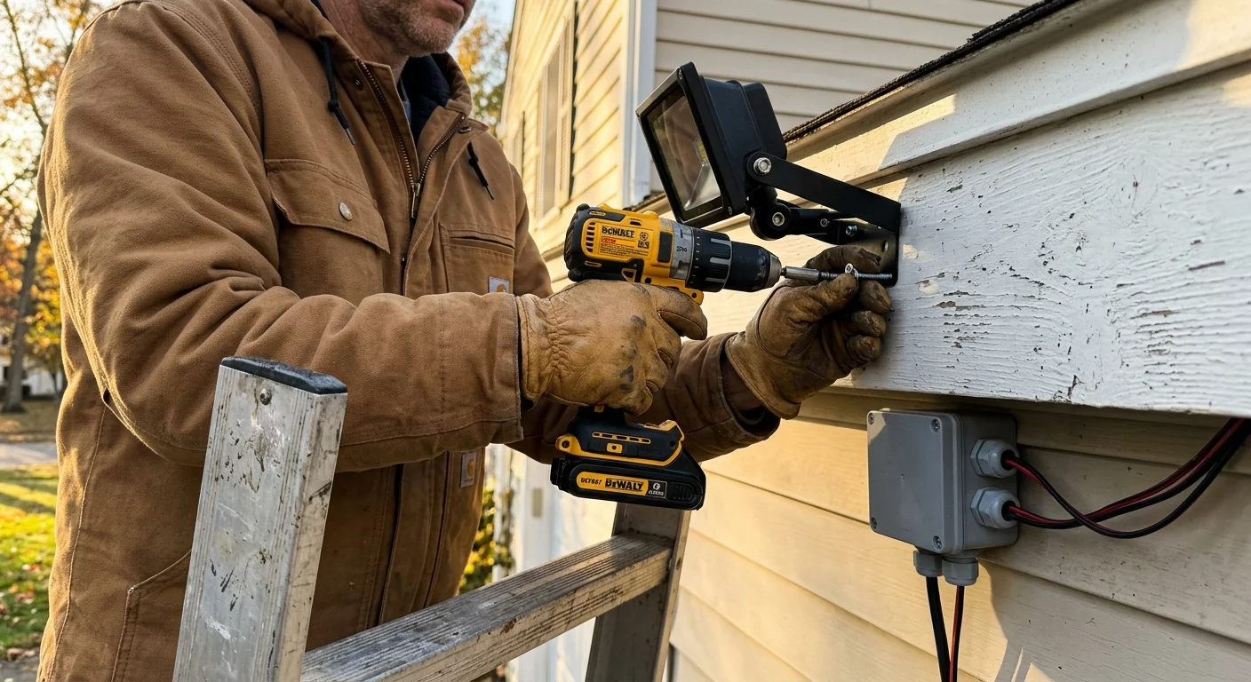 A worker on a ladder uses a cordless power drill to screw an exterior light bracket into house siding.
