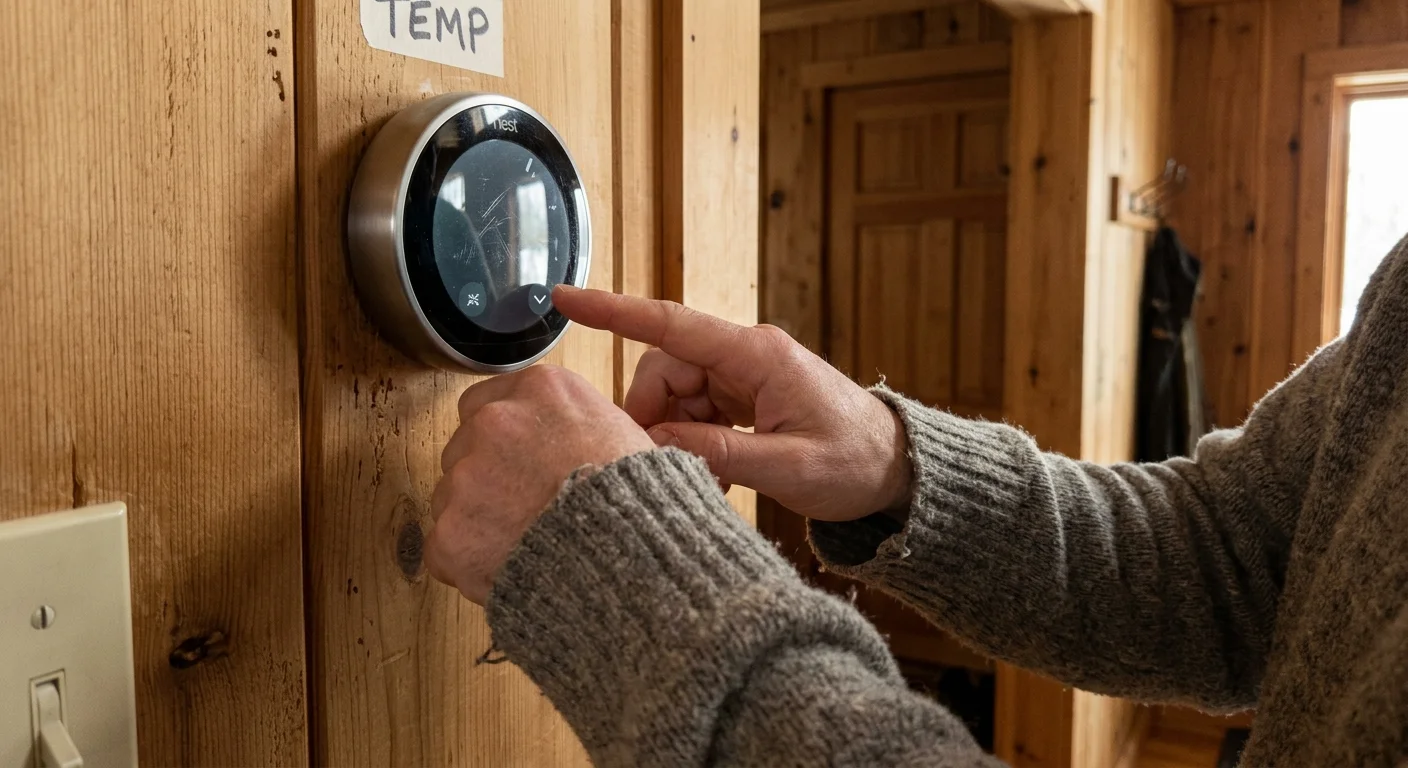 A person's hand adjusts a round Nest thermostat mounted on a rustic wooden plank wall inside a cabin.