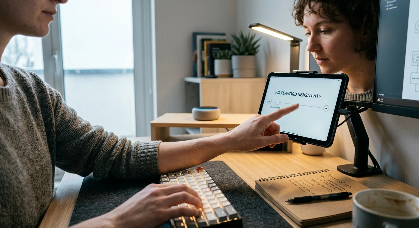 Person at a desk touching a tablet screen displaying wake-word sensitivity settings beside an Amazon Echo speaker.