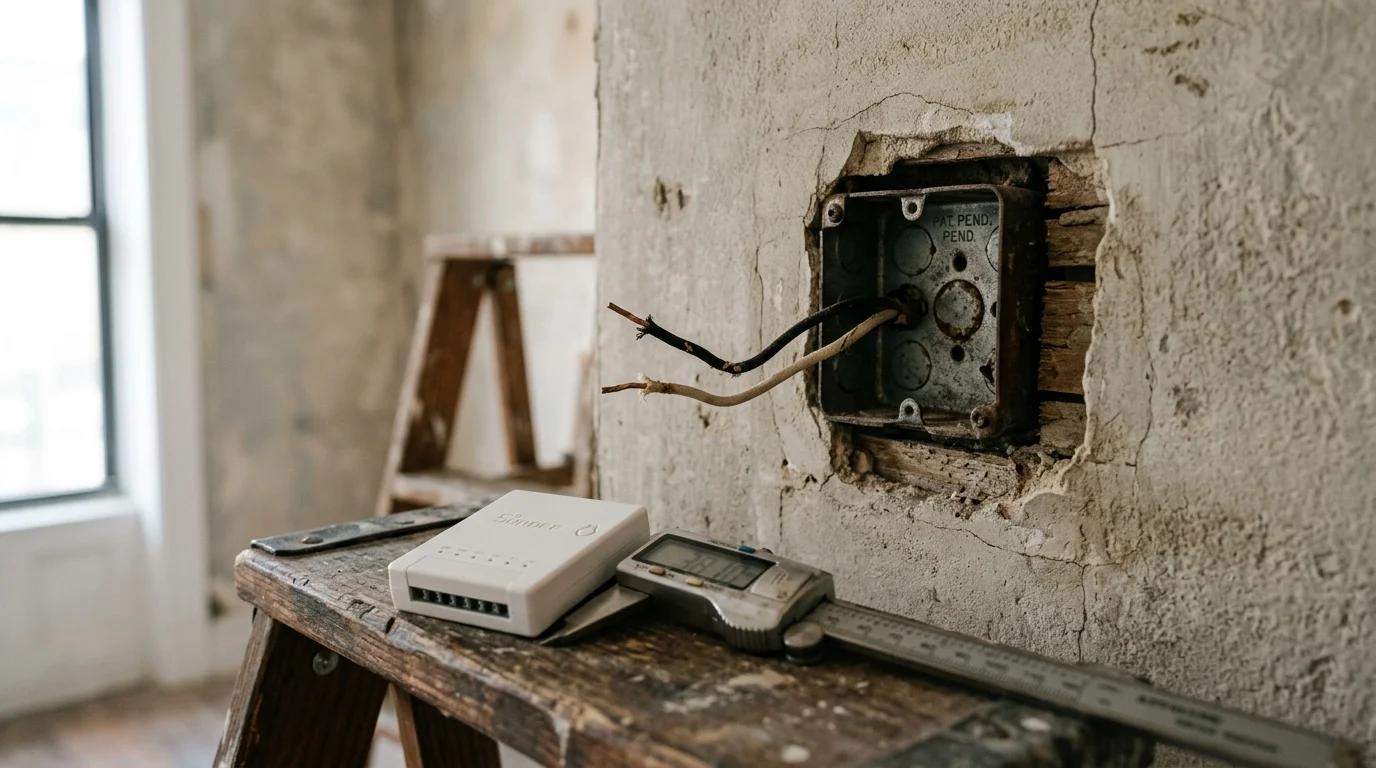 Exposed metal electrical box in a cracked wall beside a digital caliper and smart switch module on a wooden stepladder.