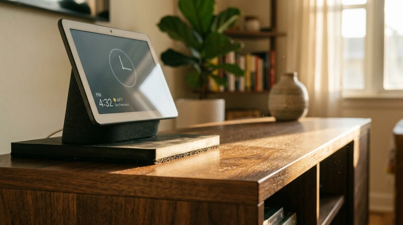 A smart display on a black dampening base rests on a wooden console table in a sunlit living room.