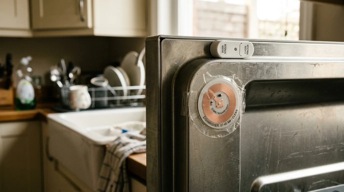 Close-up of a circular NFC sticker and a small white door sensor attached to the top corner of a dishwasher door.
