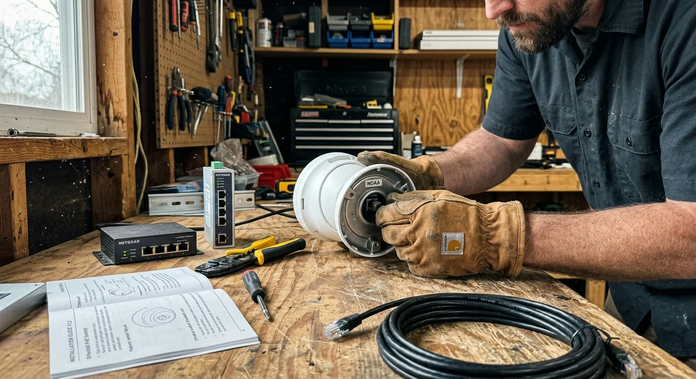 A man wearing work gloves handles a white security camera on a workbench with Ethernet cable, switches, and tools.
