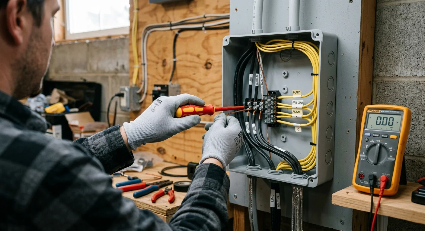 An electrician connects wires inside an electrical box next to a digital multimeter displaying zero volts.
